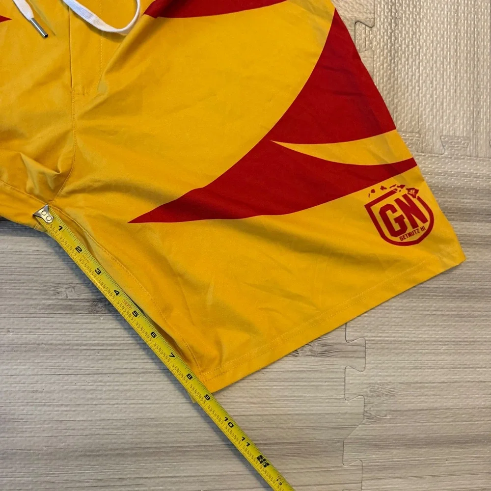 Getnutz HI Board Shorts Mens 36 Yellow Red Hawaii Graphic Surf Trunks Beachwear
